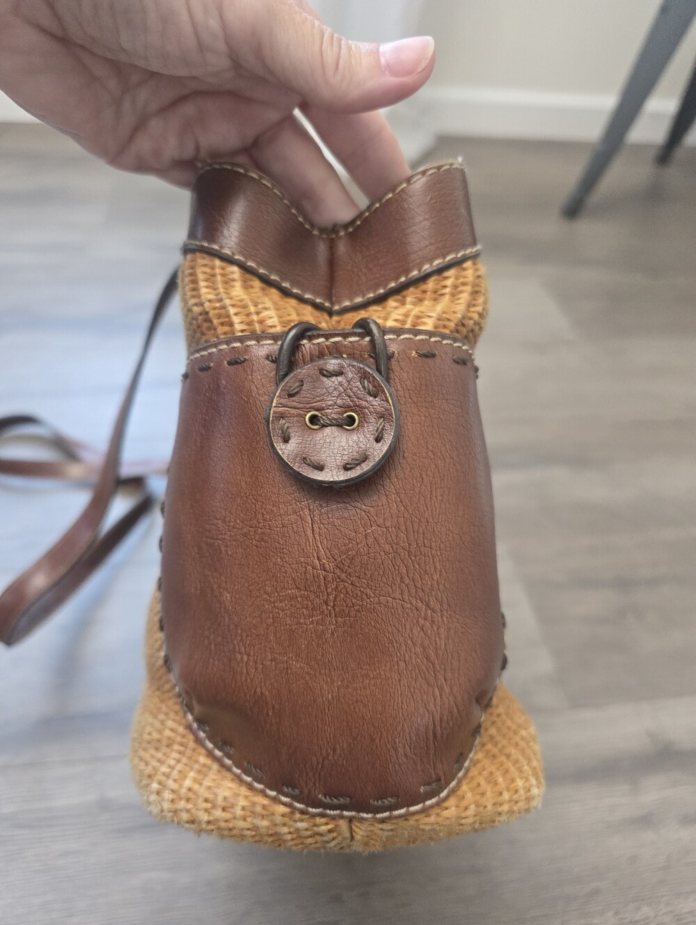 Fossil woven straw and brown leather trim satchel Vintage Cottagecore Fisherman - Picture 8 of 12